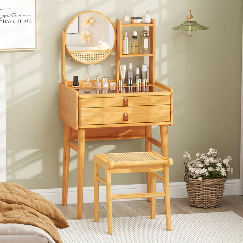 Coiffeuse en bambou naturel avec miroir - table de maquillage compacte 23,5 po, 2 tiroirs et tablettes ouvertes, plateau en verre et miroir rotatif, coiffeuse peu encombrante pour les petites chambres, les dortoirs et les pièces