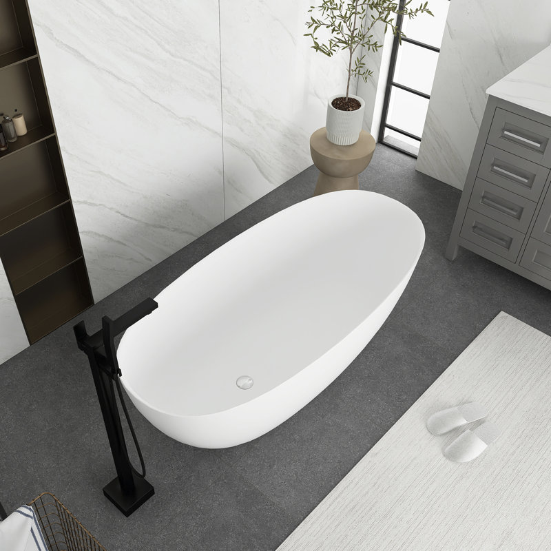65'' Matte White Freestanding Solid Surface Soaking Bathtub