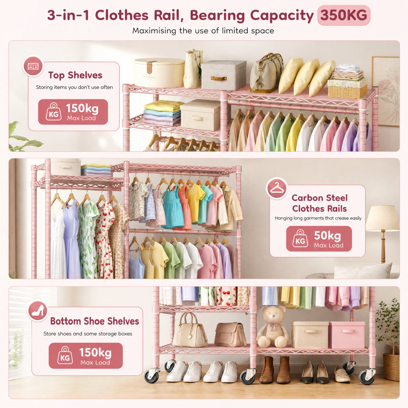 115.5 cm Adjustable Rolling Clothes Rack, Pink