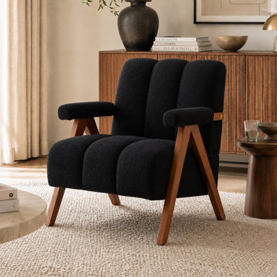 Fauteuil d'appoint de style Mid-Century moderne, fauteuil en forme de nuage avec structure en bois massif, fauteuil en chenille pour salon, chambre à coucher, noir