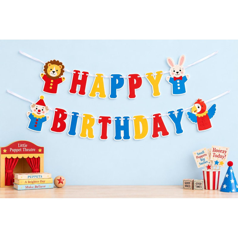 Little Puppet Theatre Birthday Banner, Puppet Show Happy Birthday Letter Garland, Lion Rabbit Clown Bird