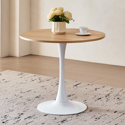 31.5" Round Dining Table for 2-4 Modern Circle Tulip Table with Metal White Tulip Pedestal Base for Kitchen Dining Living Room Apartment Small Space Cafe, Natural