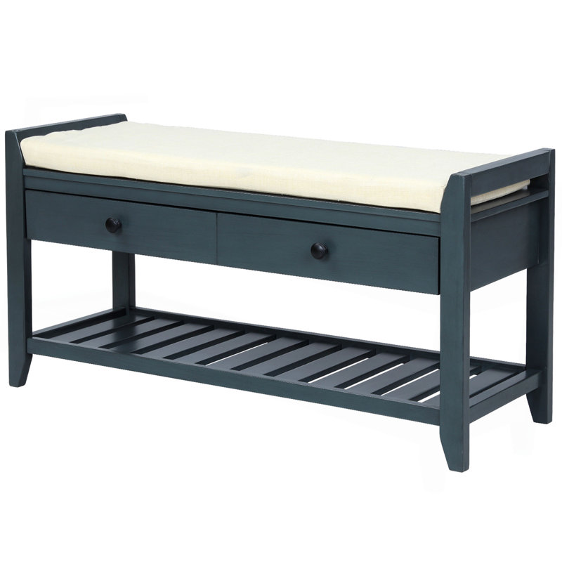 Shoe Rack With Cushioned Seat And Drawers, Multipurpose Entryway Storage Bench, Antique Navy