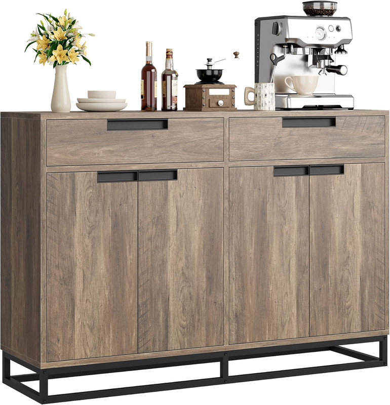 55" Modern Farmhouse Sideboard Buffet Cabinet with 2 Drawers & 4 Doors, Large Kitchen Storage Coffee Bar Table with Adjustable Shelves for Dining Room