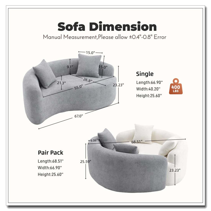 Canapé modulaire courbé en chenille, Gris clair