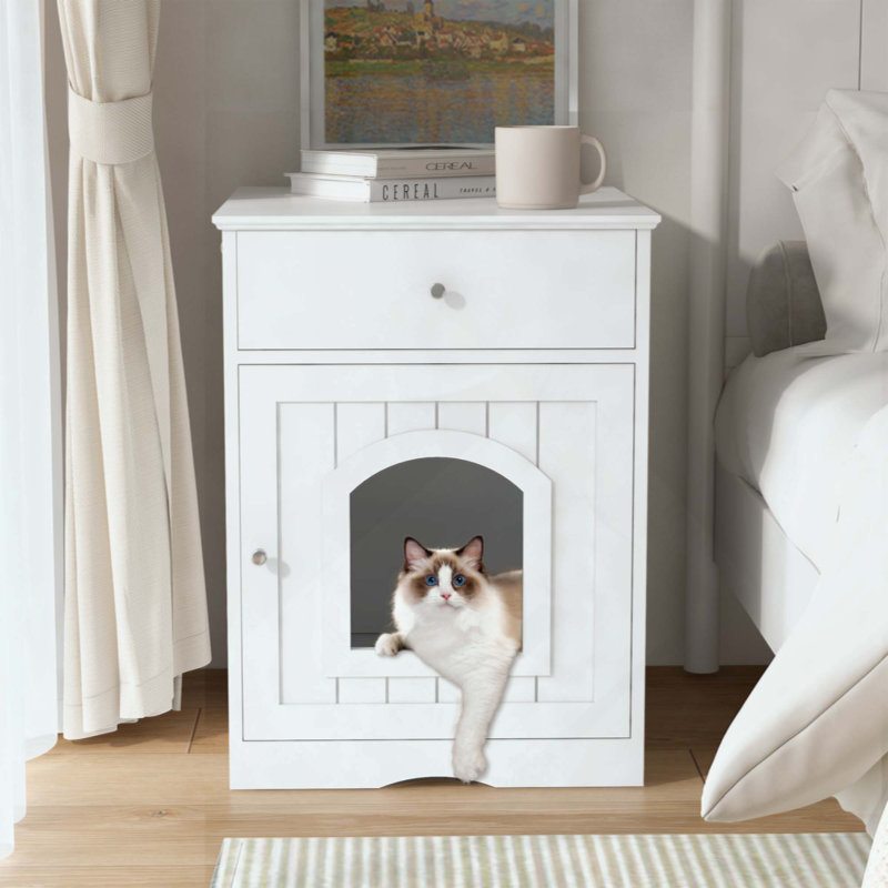 Enceinte de litière en bois pour chat avec tiroir de rangement, maisonnette multifonctionnelle pour animaux, Blanc