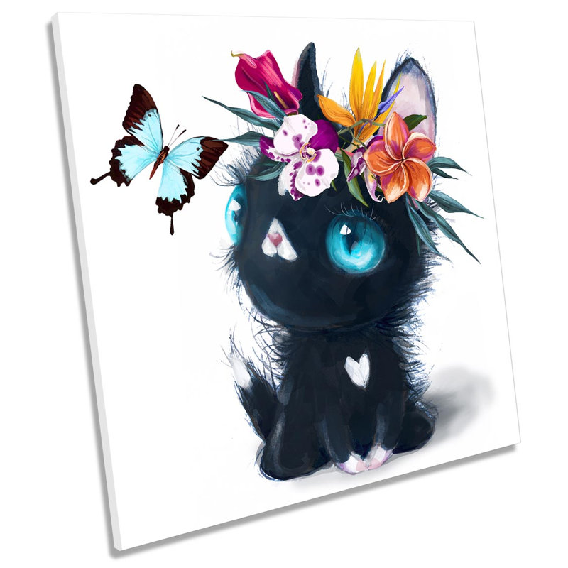 Z6171 Cute Cat Butterfly Picture - Wrapped Canvas Print, 60cm H x 60cm W x 2cm D