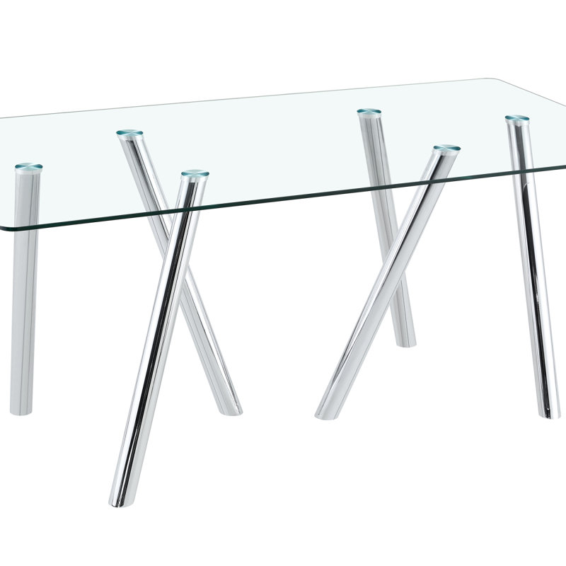 71-Inch Tempered Glass Dining Table With Sturdy Metal Legs, Silver