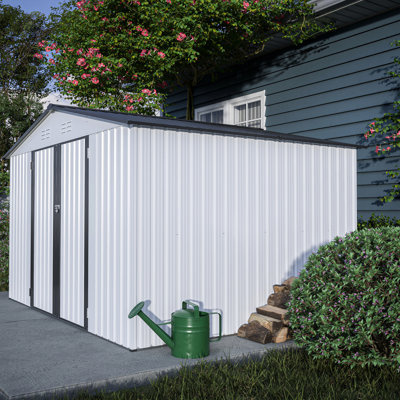 Remise de rangement grise en métal pour la pelouse - Acier galvanisé de 10 pi x 8 pi avec portes verrouillables, jardin, toit incliné pour votre patio