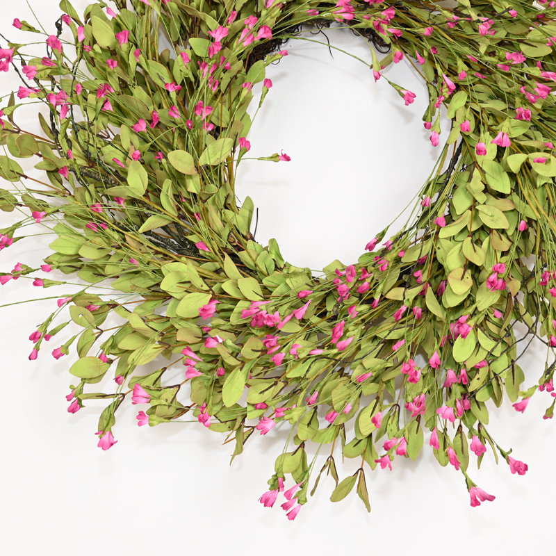 Couronne de fleurs artificielle 24 "printemps été fleur de grappe d'eucalyptus pour porte d'entrée, Vert/rose