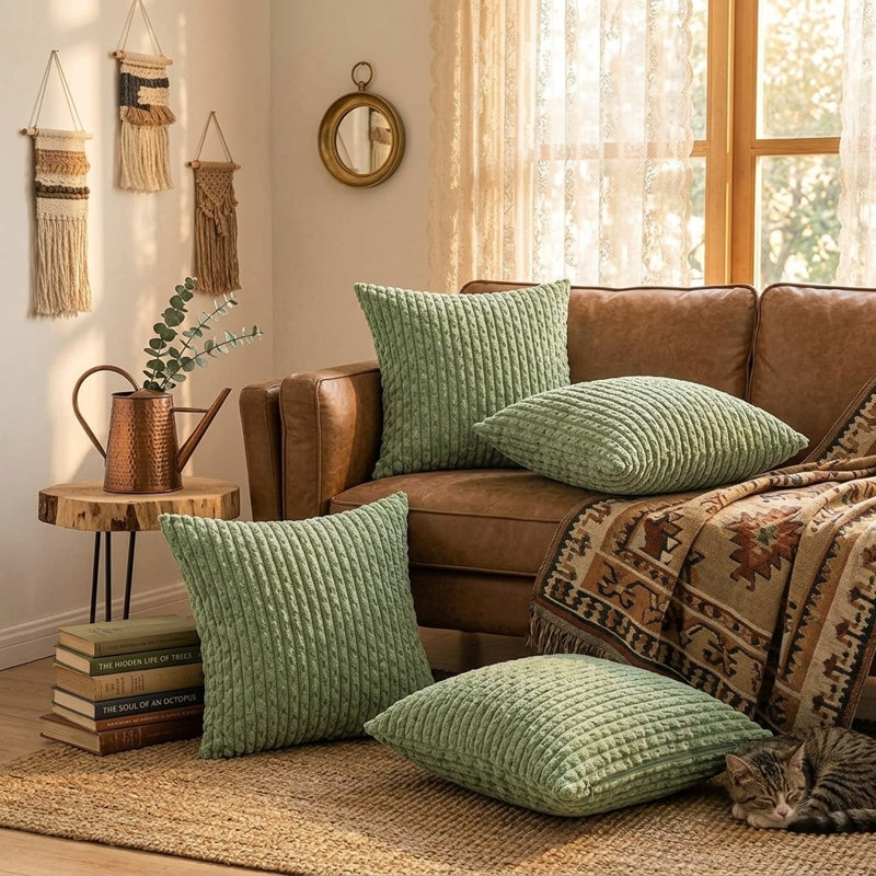 Ensemble de 4 housses de coussin en velours côtelé 18 x 18, housses de coussin décoratives douces pour canapé-lit, Vert sauge