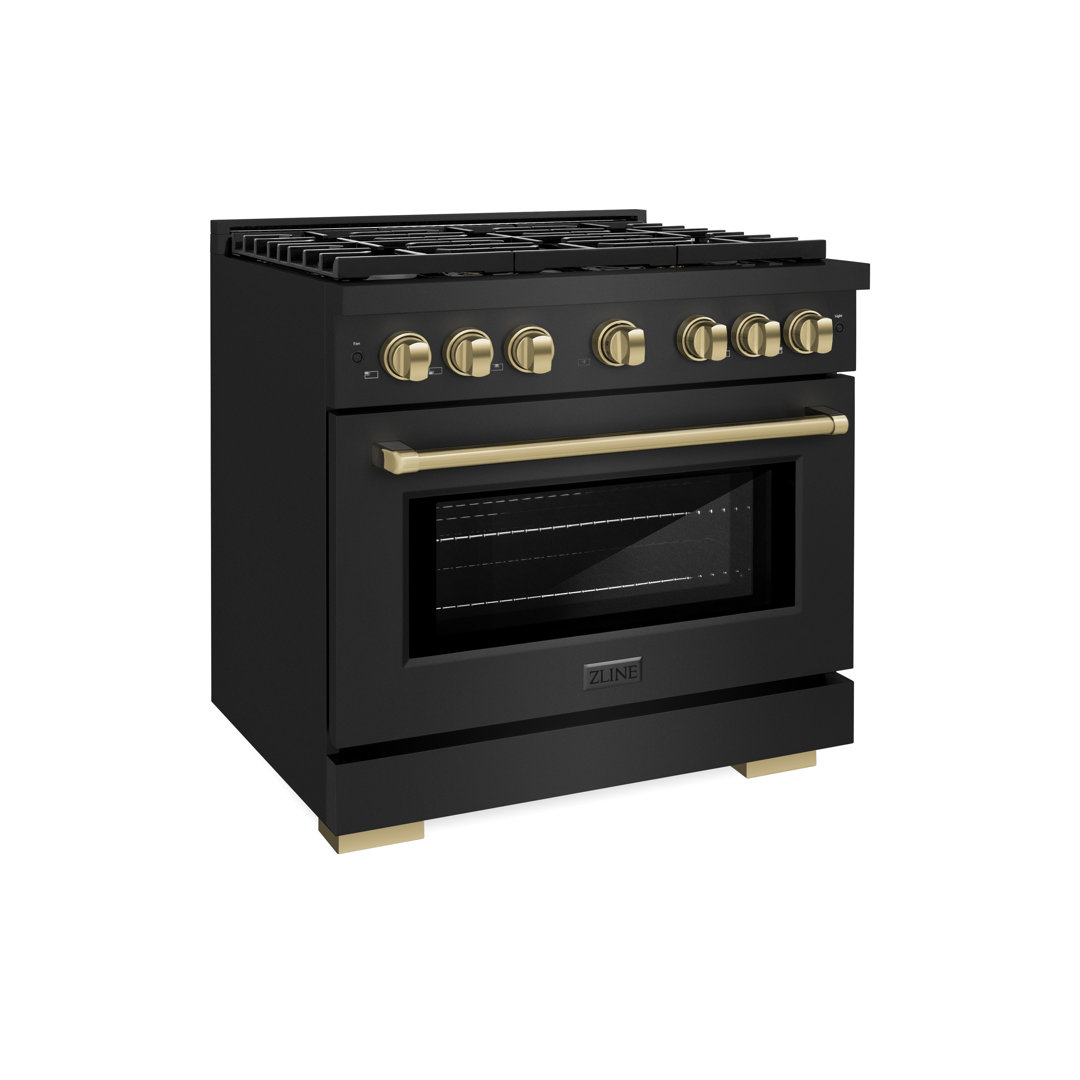 ZLINE Autograph Edition 36 in. 5.2 cu. ft. Paramount Dual Fuel Range W/ 6 Burner Gas Cooktop & Electric Convection Oven in Black Stainless Steel W/ Champagne Bronze Accents (SDRBZ-36-CB) ZLINE