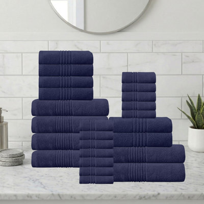 Ensemble de serviettes de bain 100% coton Phoebe 500 g / m² zéro absorbant Home Weavers, 13 po x 13 po (12), 16 po x 24 po (6), 27 po x 54 po (6) (6 serviettes de bain, 6 mains, 12 serviettes) Bleu marine