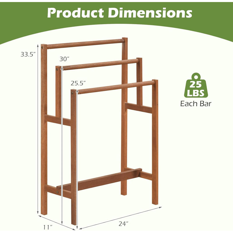 Freestanding Wooden Towel Rack Stand for Bathroom, 3-Tier Bath Towel Drying Rack