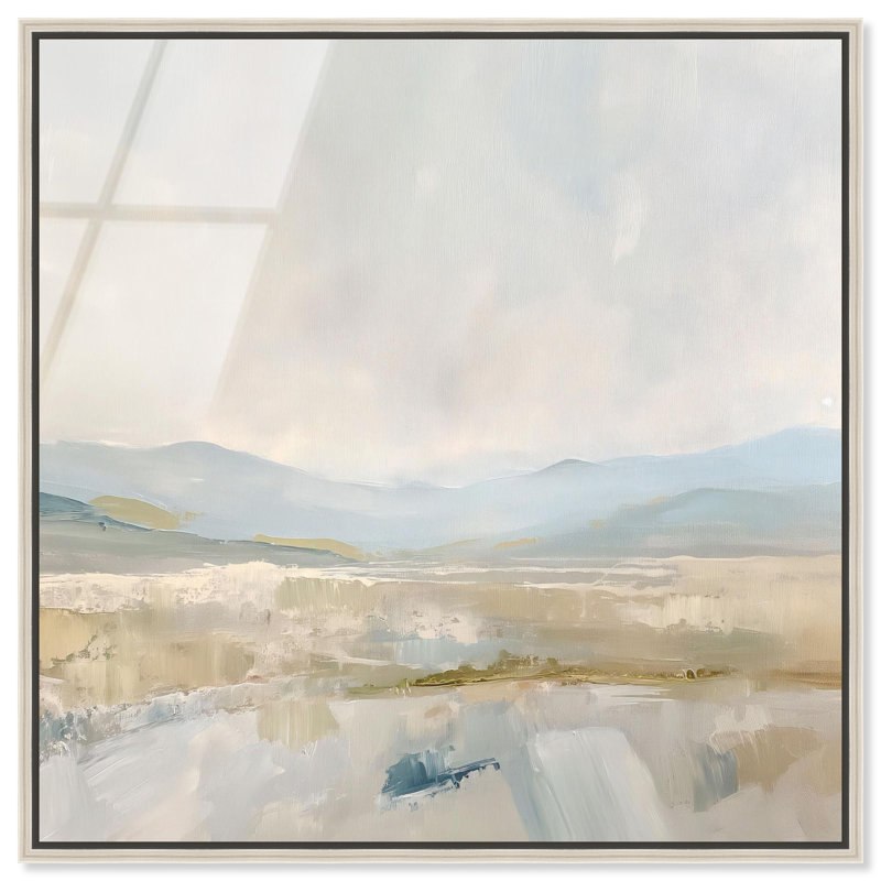 «Whispering Valleyys I», art mural abstrait en verre acrylique encadré à paysage abstrait par Art Remedy, cadre argenté, 16 x 16