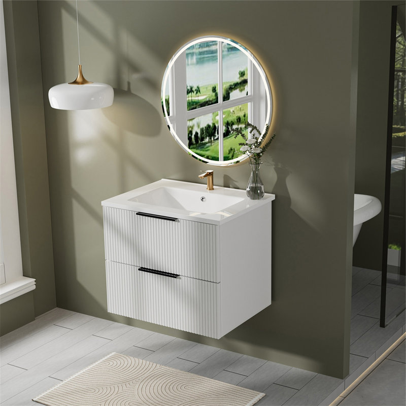 Meuble-lavabo flottant blanc cannelé 24 po, Blanc, 24"