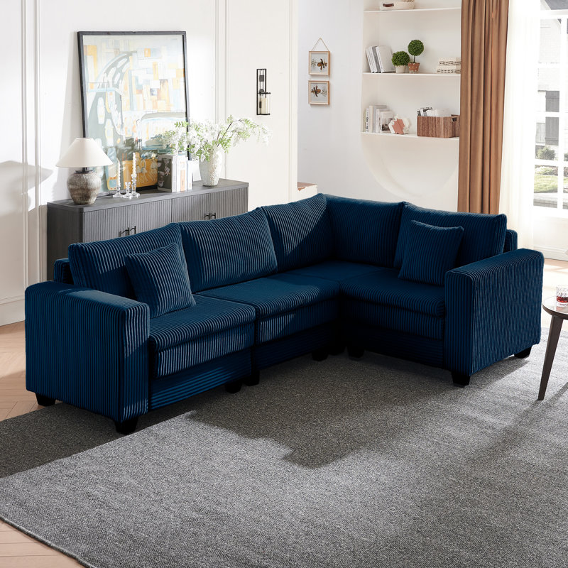 98.4" Wide L-Shaped Corduroy Sectional Corner Sofa Couch With 2 Pillows, Blue Corduroy