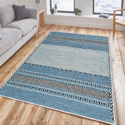 Luxury Cotton Area Rug, 50 x 80 cm (1.6 x 2.6 ft) | 100% Antibacterial, Non-Slip PVC Underside, 0.3 in Pile Height | Machine Washable, Cream, Blue & Black Design | Perfect for Living Room, Bedroom & Entryway