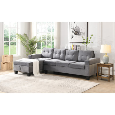 Canapé modulaire en velours gris pour le salon en forme de L avec méridienne de rangement et porte-gobelets, mousse épaisse, pieds en plastique, rembourrage en mousse de velours gris de 600 lb