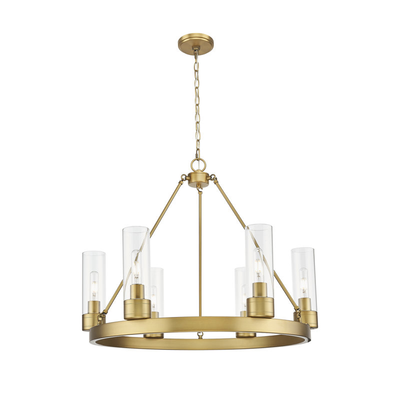 Jaiwan - Lustre 6 lumières avec abat-jour, Laiton brossé, Clair