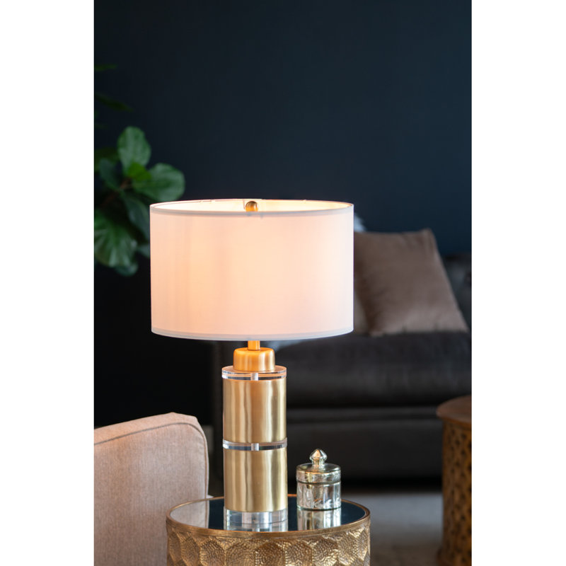 Lampe de table cylindrique dorée et blanche D15x25,5 "avec abat-jour tambour (assemblage de l'abat-jour requis)