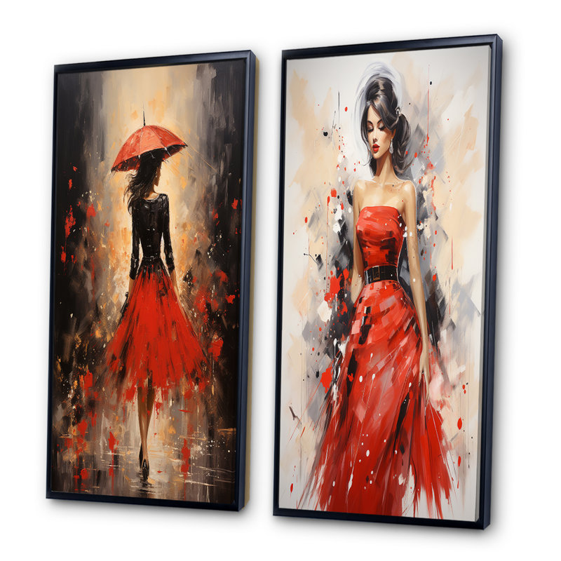 «Red Timeless Glamour Pointillism» «Red Timeless Glamour Pointillism» 2 - pièces sur, Cadre noir, H 40 po x l 40 po