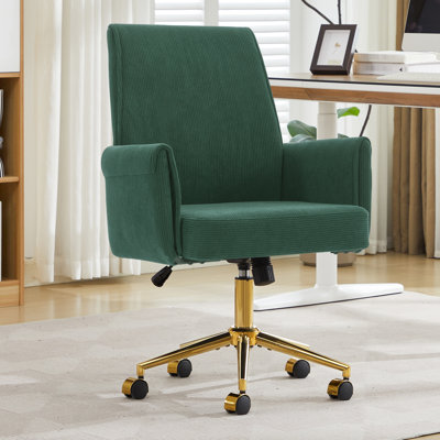 Chaise de bureau rayée en velours côtelé à dossier moyen avec design ergonomique, base dorée et mousse à mémoire de forme