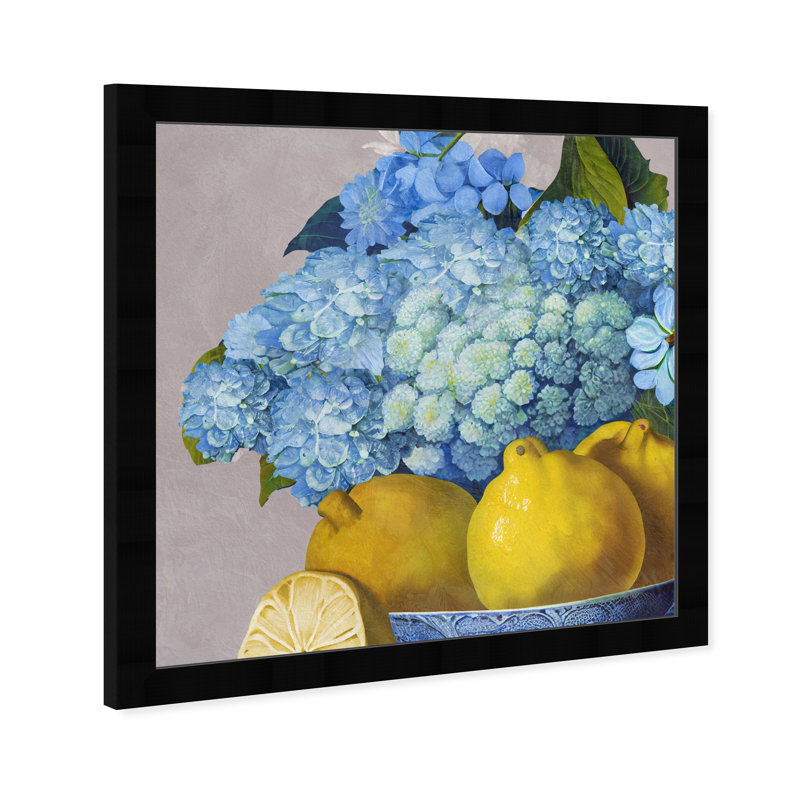 Hydrangeas and Lemons Day - impression encadrée, Cadre noir, H 14 po x l 14 po