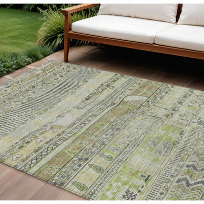 Tapis intérieur/extérieur lavable à rayures beiges et vert menthe, 3 m x 4,2 m