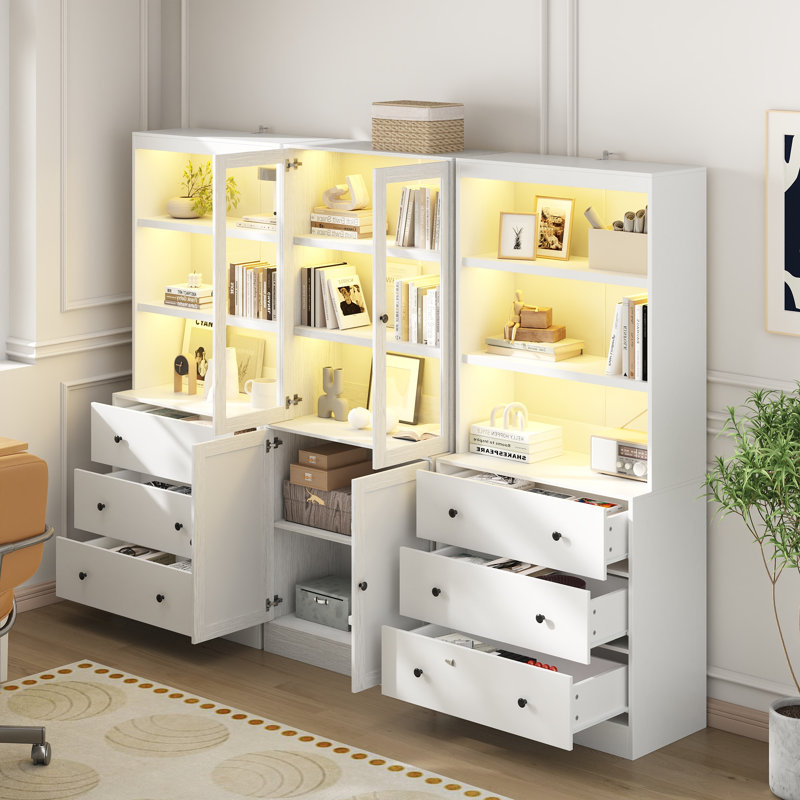 Bibliothèque standard H 71 po x l 70,8 po avec portes en verre trempé et lumières DEL (2A + B), Blanc
