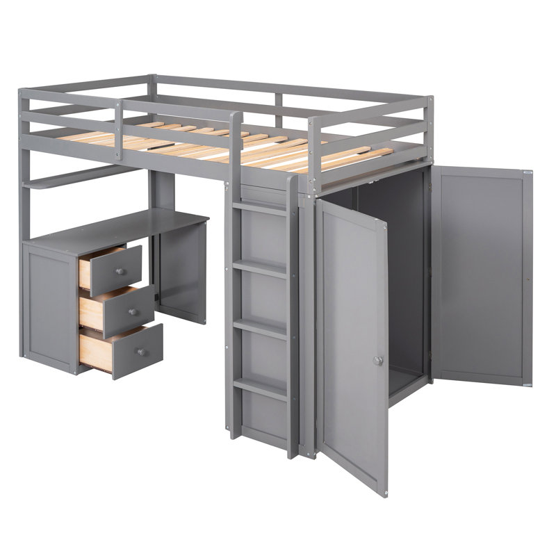 Lit mezzanine avec tiroirs, bureau et garde-robe, Gris, Simple