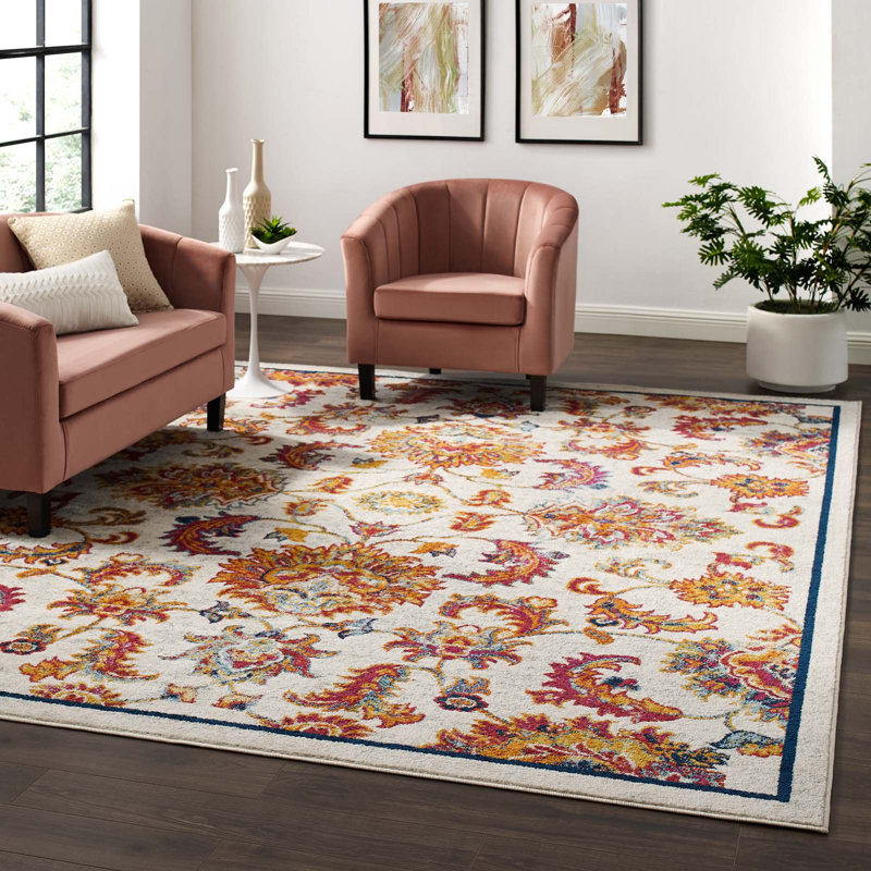Ivory Floral Synthetic 8' x 10' Area Rug