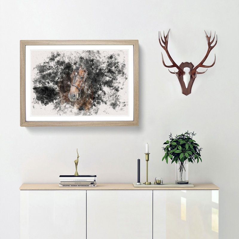 Brown Horse in the Shadows - Picture Frame Graphic Art Print, 36cm H x 48cm W x 2cm D, Oak Framed