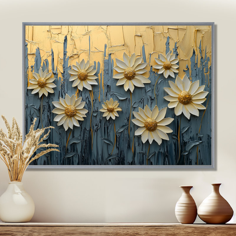 «Paint Effect On Golden Glow Sunflowers II» - art mural tournesols, H 30 po x l 40 po, Impression encadrée flottante