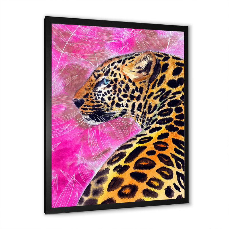 Léopard doré avec taches noires sur fond rose - reproduction sur toile, H 20 po x l 12 po, Impression encadrée, Noir