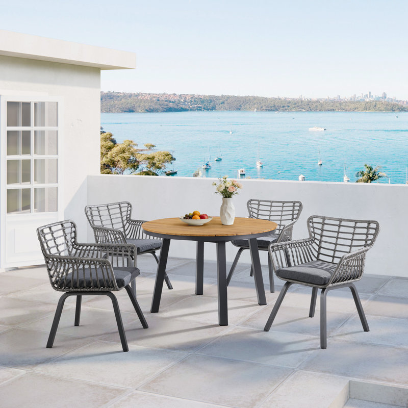 Bartha 5-Piece 45" Teak-Look Round Patio Dining Set with Wicker Chairs