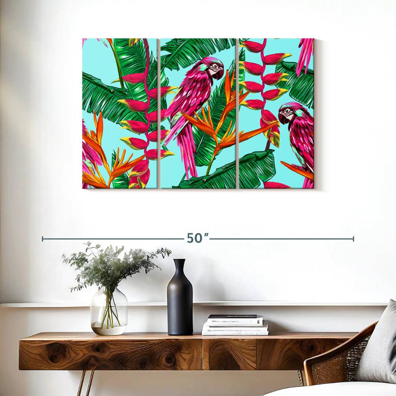 Brampt, plantes tropicales et oiseaux exotiques, H 24 po x l 38 po
