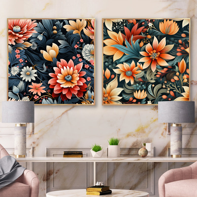Fleuristes - Ensemble de 2 collages floraux carrés, Cadre flottant doré, H 30 po x l 61 po