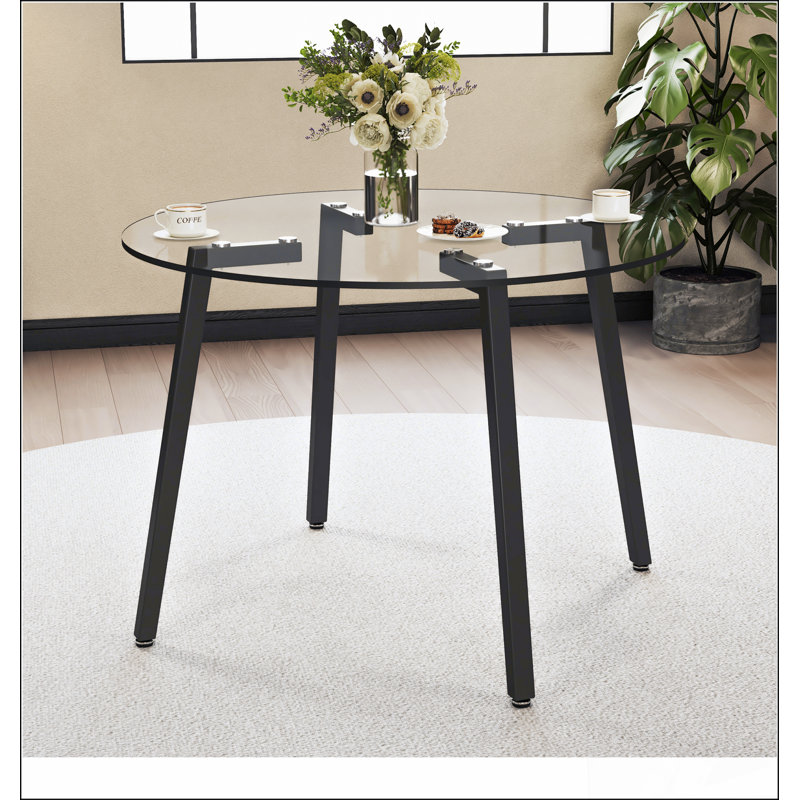 Clear Tempered Glass Round Table with Black Metal Legs – Modern Simple Style, Multi-Use for Dining/Kitchen/Living Room