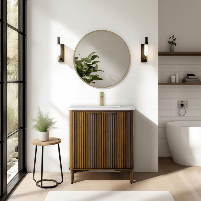 Ensemble de meuble-lavabo autoportant simple 30 po en brume de noyer avec plateau en pierre d'ingénierie Tavoleto Tavoleto