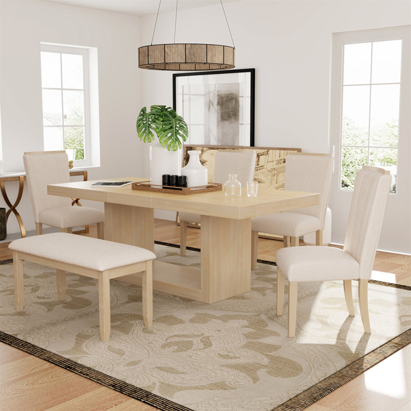 Contemporary 6-Piece 78Inch Extendable Pedestal Dining Table Set With 18Inch Removable Leaf And Dining Bench, 4 Upholstered Dining Chairs, Natural