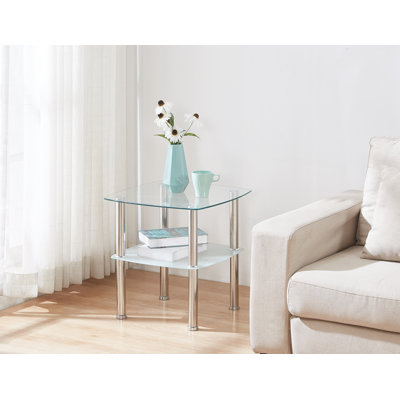 Modern Glass End Table with Storage Shelf, Chrome Metal Legs, 2-Tier Tempered Glass Side Table