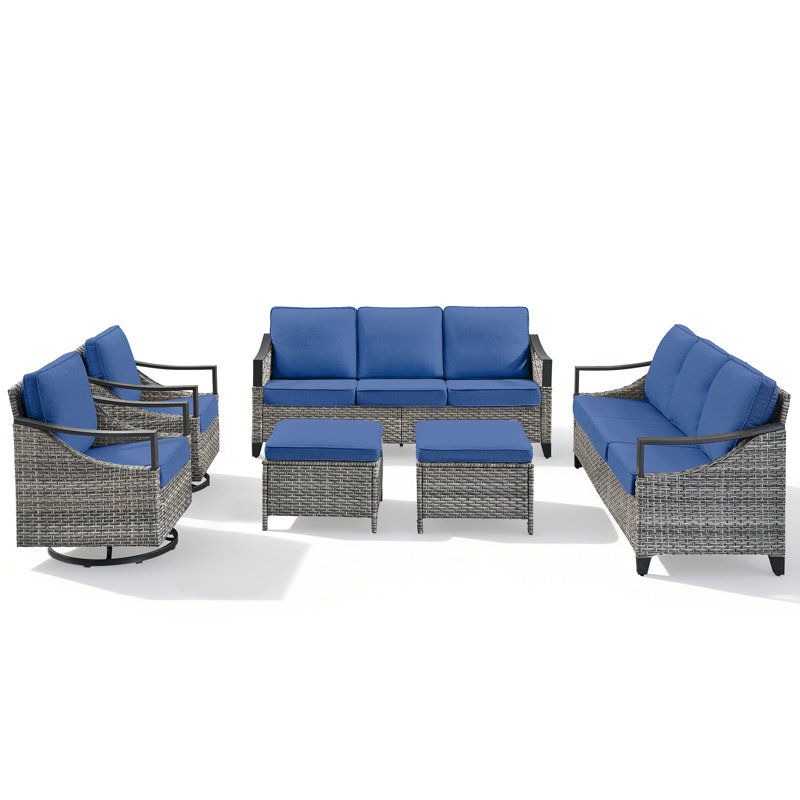 6-Piece Outdoor Rattan Backyard Family Iron Armrest Conversations Set With Ottomans And Swivel Chairs, Blue
