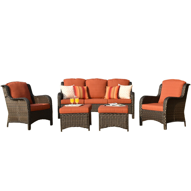 Ensemble de conversation en rotin avec coussins 5 pièces Melanson, Orange-rouge