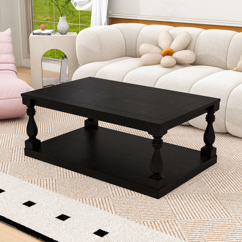 Table basse en bois rétro avec pieds en colonne et structure robuste, Noir