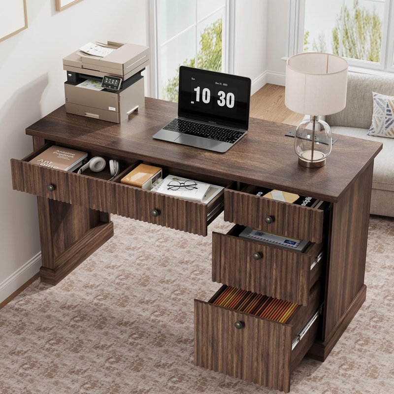 Rangement de bureau cannelé, bureau de direction moderne de 54 po avec station de charge, bureau d'écriture en bois avec classeur et tiroirs pour bureau, salon