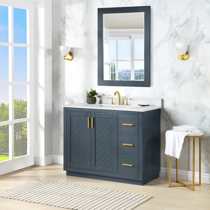 Meuble-lavabo sur pied simple 42 po avec plateau en pierre reconstituée et miroir, Bleu gris anthracite
