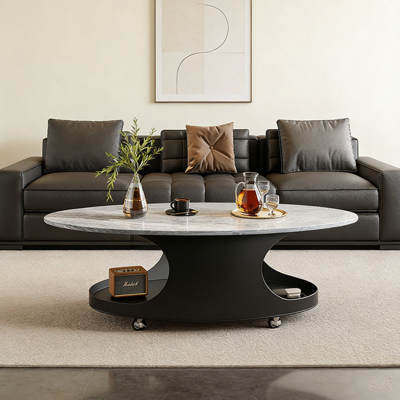 Table basse ovale simple avec poulie, Plateau gris/ base noire, 17.71" H  x 21.65" D x 39.37" W