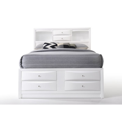 White Queen Bed With Bookcase Storage Design, 8 Drawers For Organizing, English Drawer Build, Brushed Nickel Hardware Rectangular Hb, In Different Sizes, Undermount Metal Glide Drawers, Oval Knob