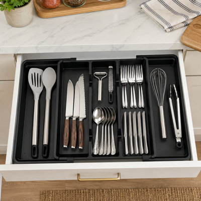 Black Expandable Silverware Drawer Organizer, BPA-Free Cutlery Tray for Forks, Spoons, Knives, Multipurpose Storage for Kitchen Drawers
